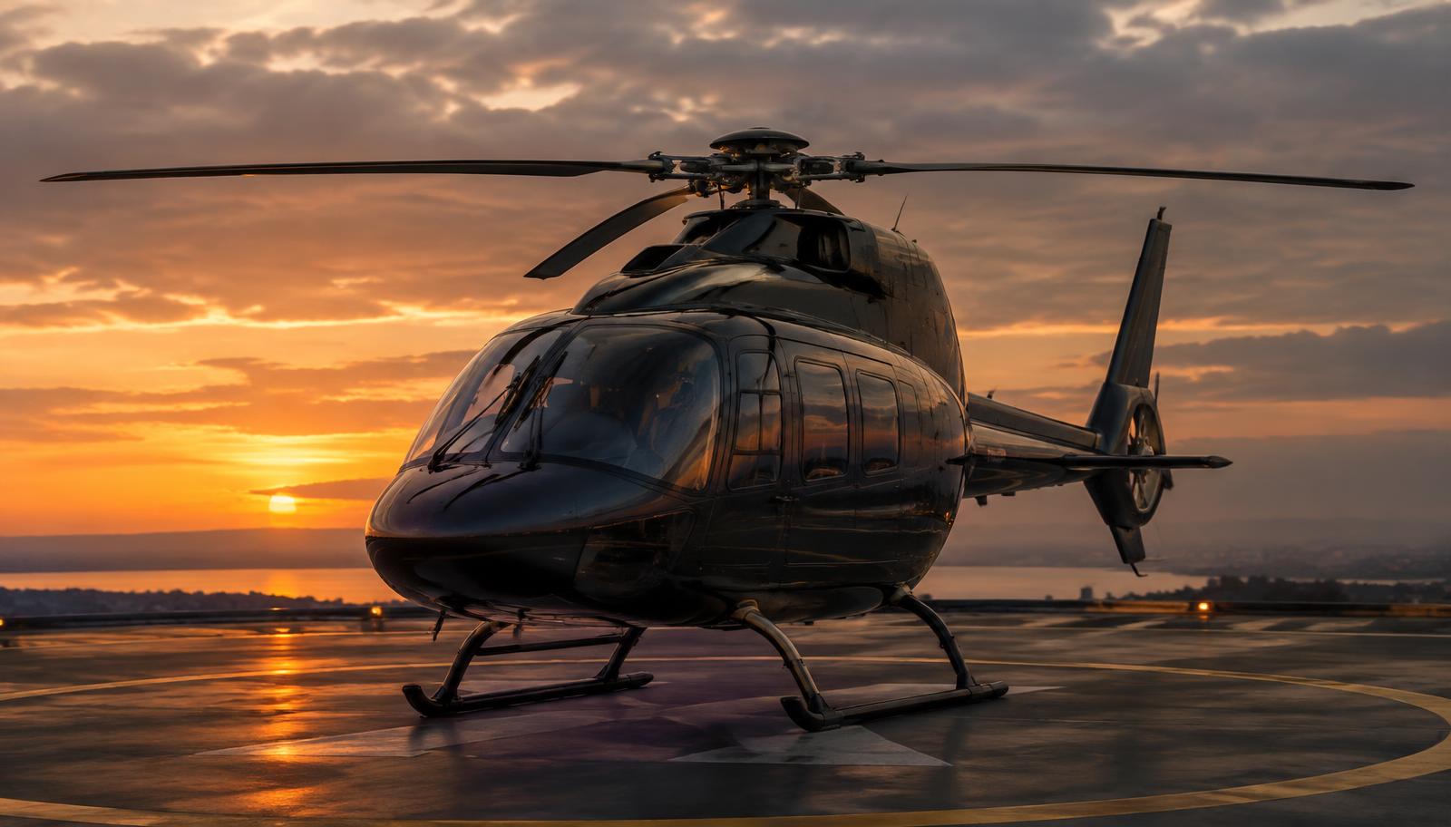 Helicóptero executivo estacionado em heliponto ao entardecer (imagem ilustrativa)