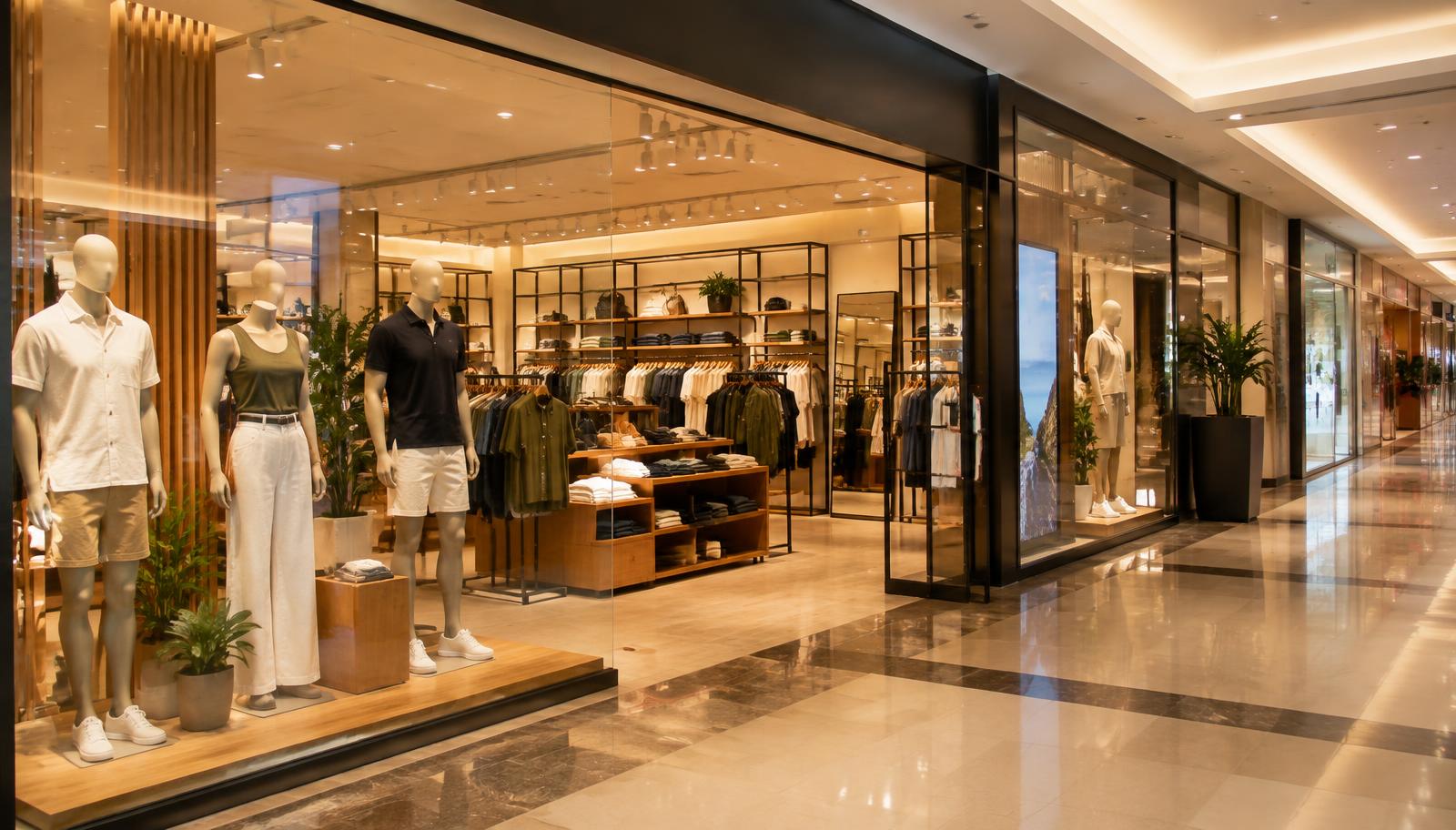 Vitrine de loja de roupas em corredor de shopping center, com manequins e estoque exposto